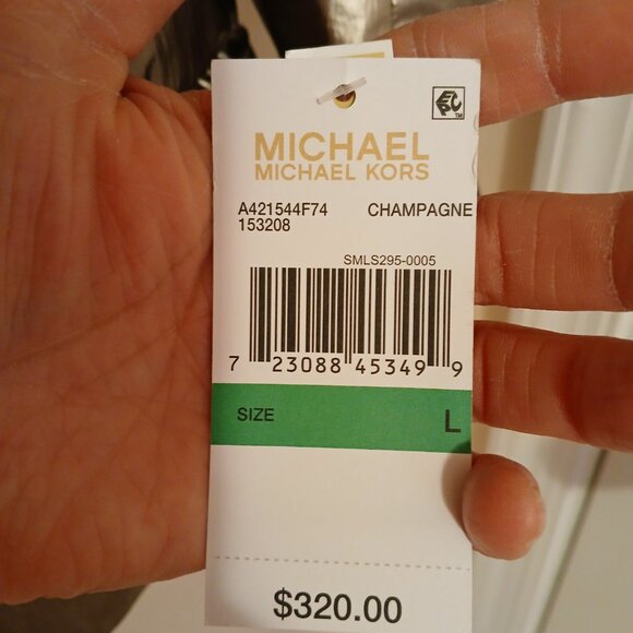 Michael Kors Champagne Metallic Belted Puffer Jacket/ Detachable Hood sz L - Picture 10 of 10